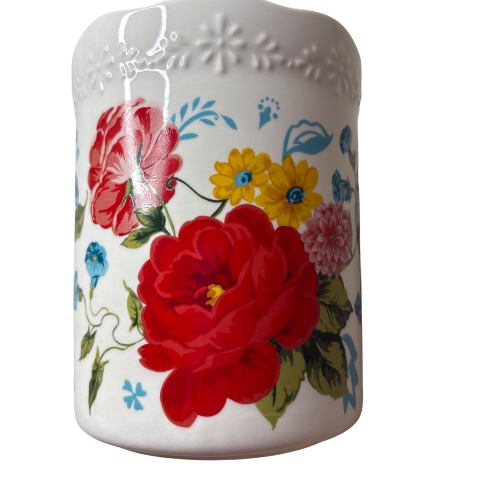 The Pioneer Woman Sweet Rose Ceramic Utensil Holder Scalloped Floral Crock Plant